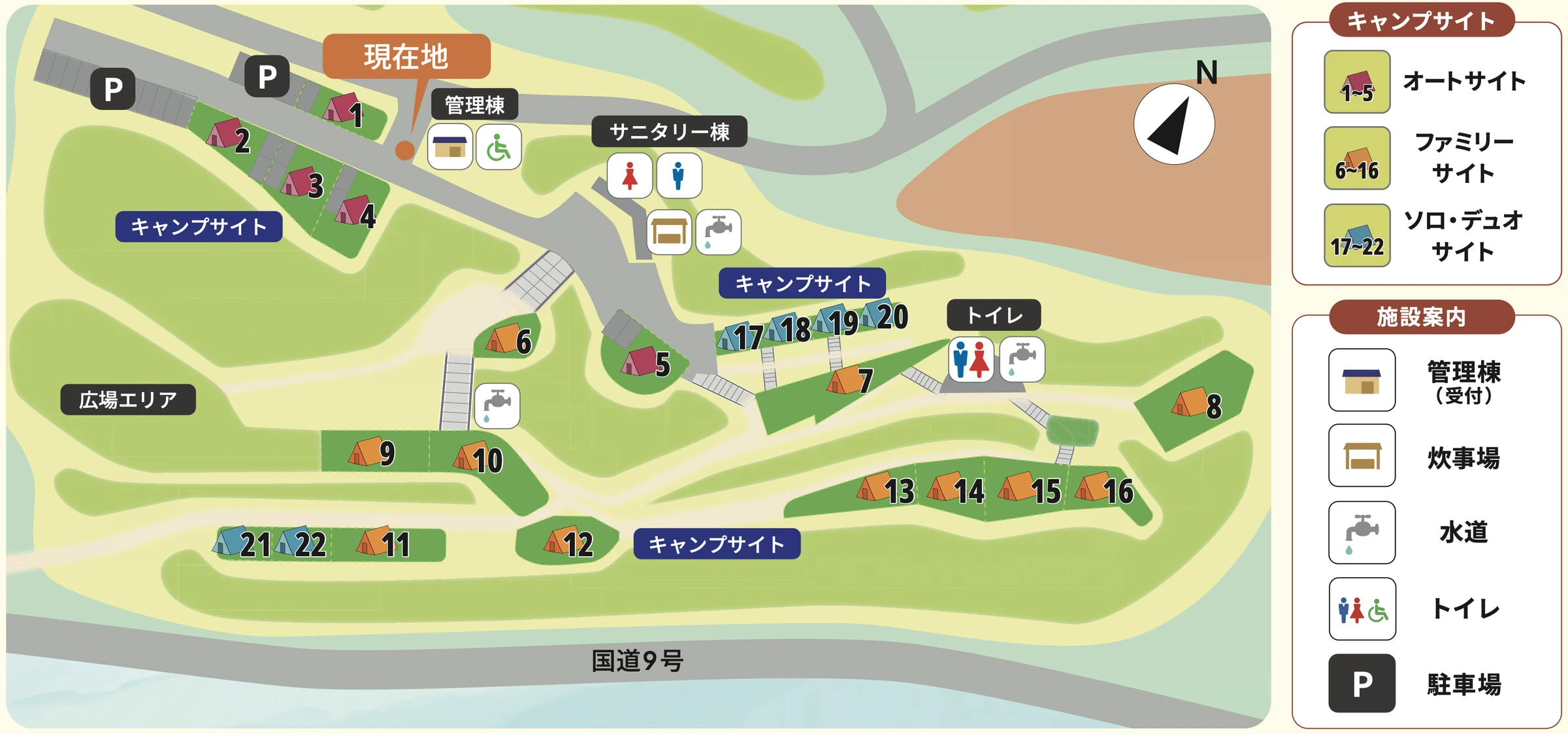 場内マップ（拡大表示）。全22区画を番号で示し、オート1〜5・ファミリー6〜16・ソロデュオ17〜22を色分け